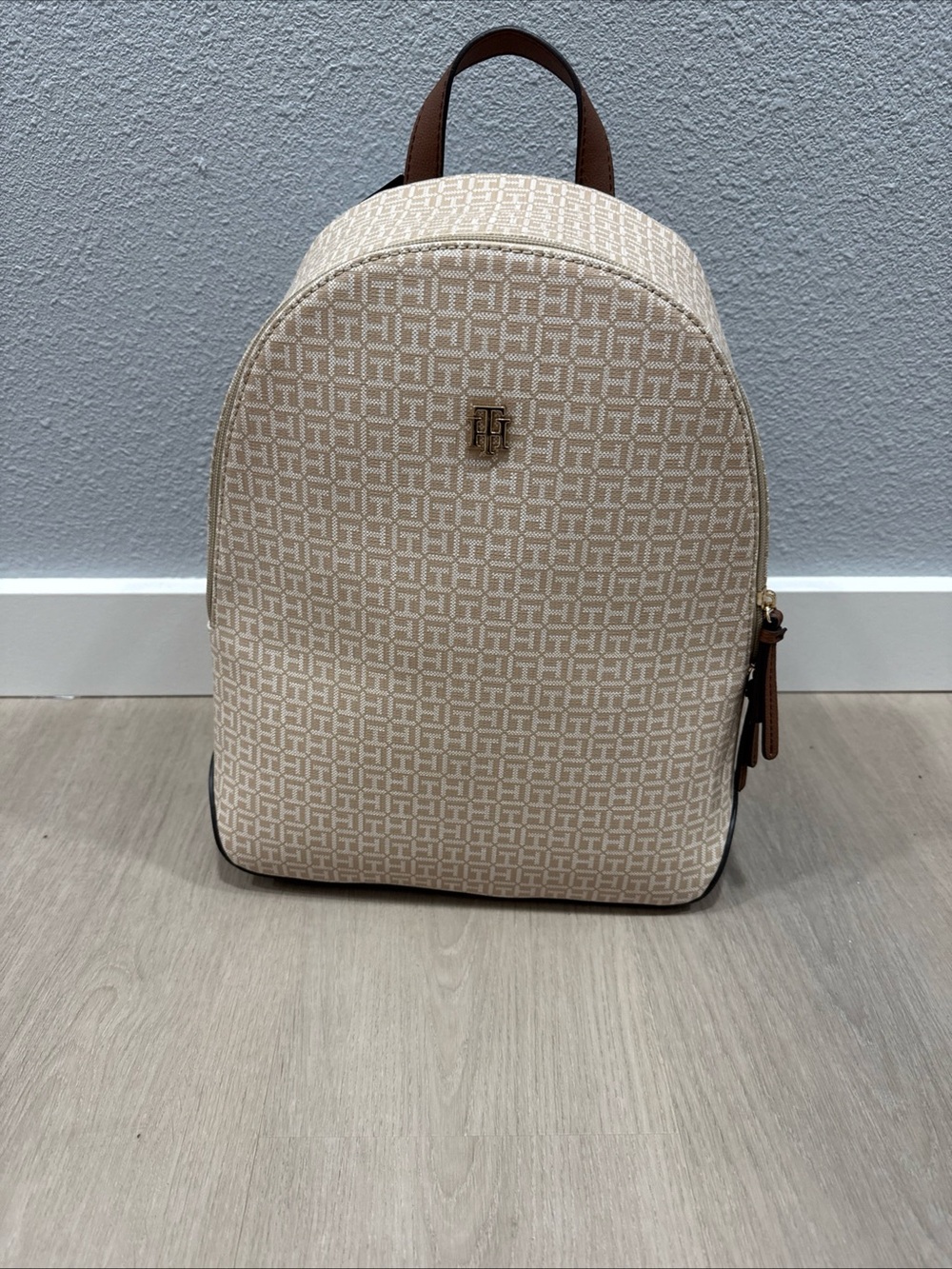 Tommy Hilfiger Beige Monogram Backpack with Brown Accents